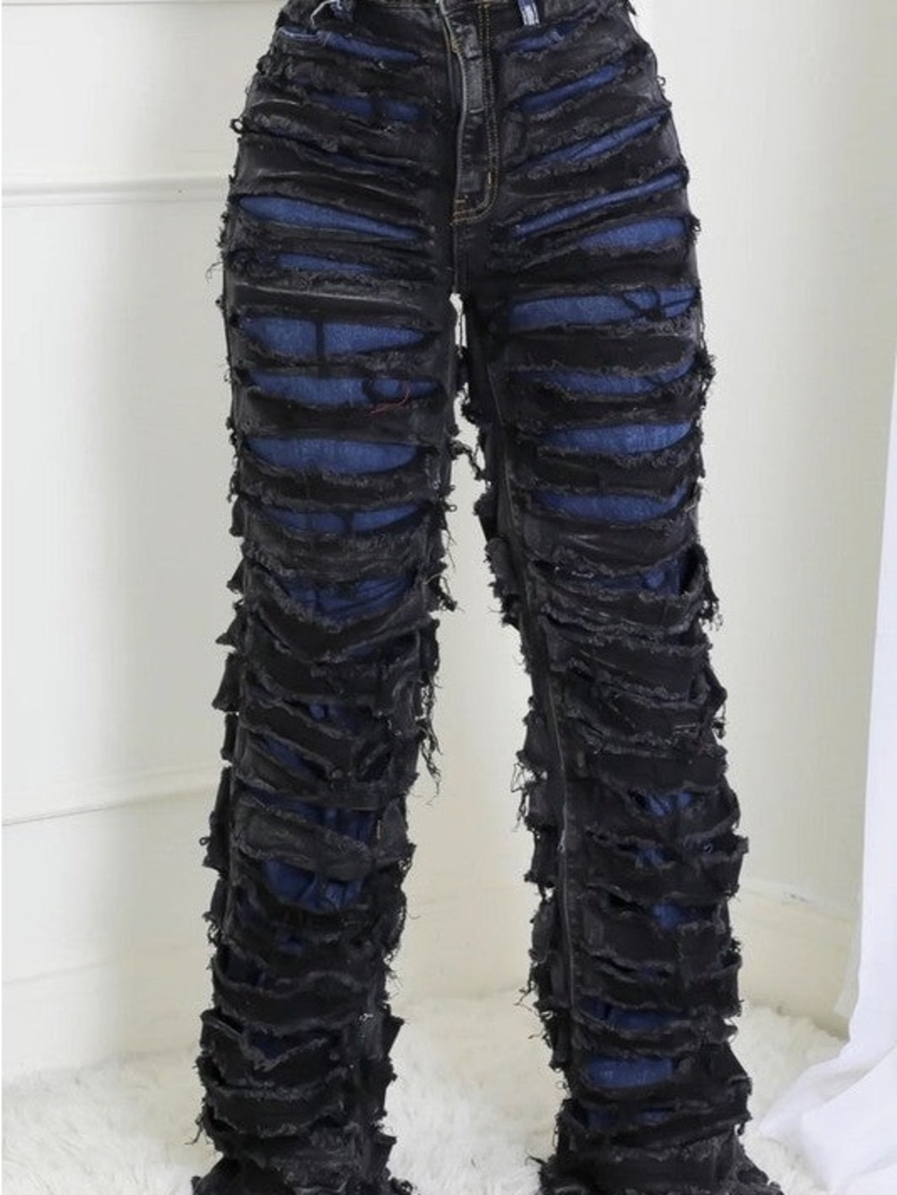 Distressed Two-Tone Ripped Wide-Leg Jeans - Black & Blue